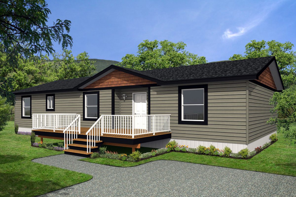 Modern gray house with white porch railing.