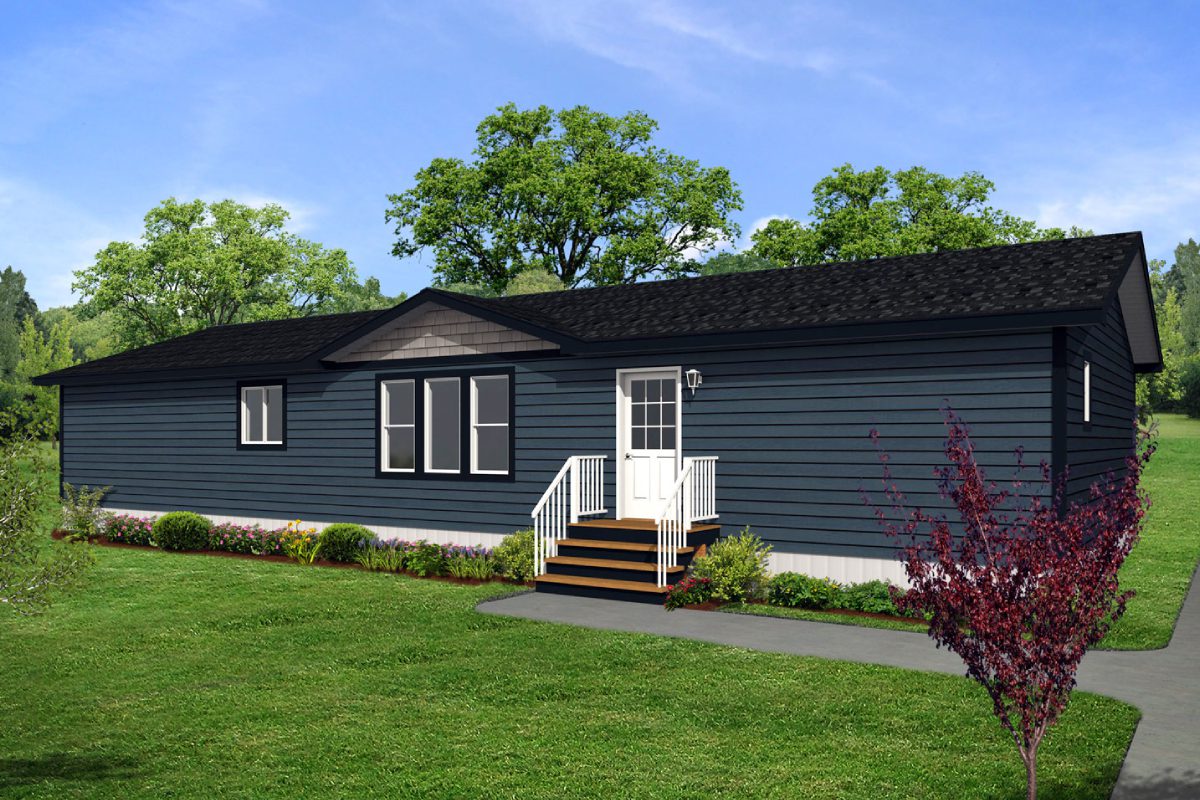 Dark blue house with front porch, trees.