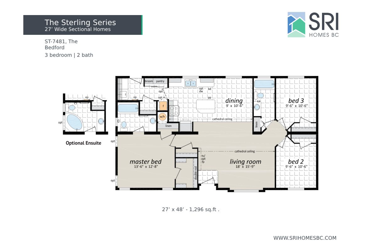 Floor plan of three-bedroom sectional home.
