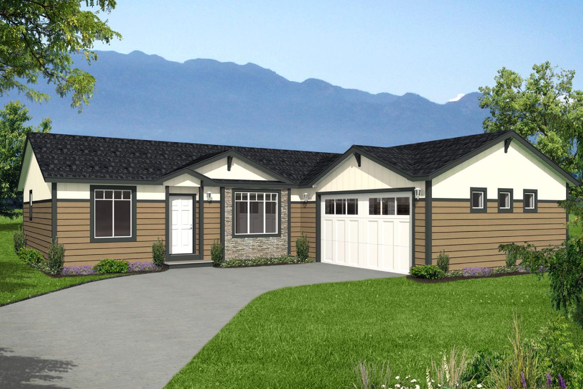 Modern suburban house with mountain backdrop.