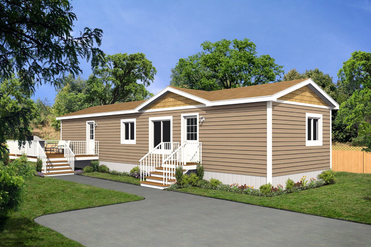 Brown manufactured home with white trim, outdoors.