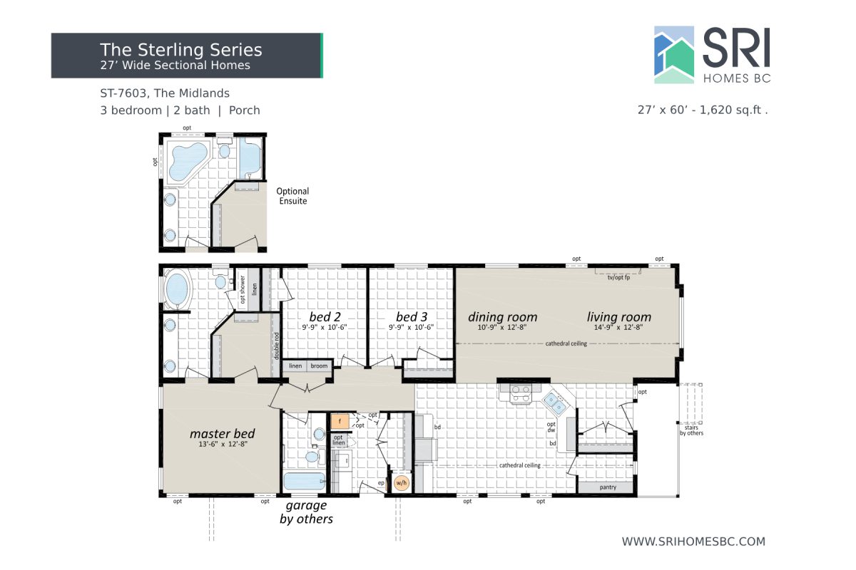 Floor plan of a three-bedroom home.