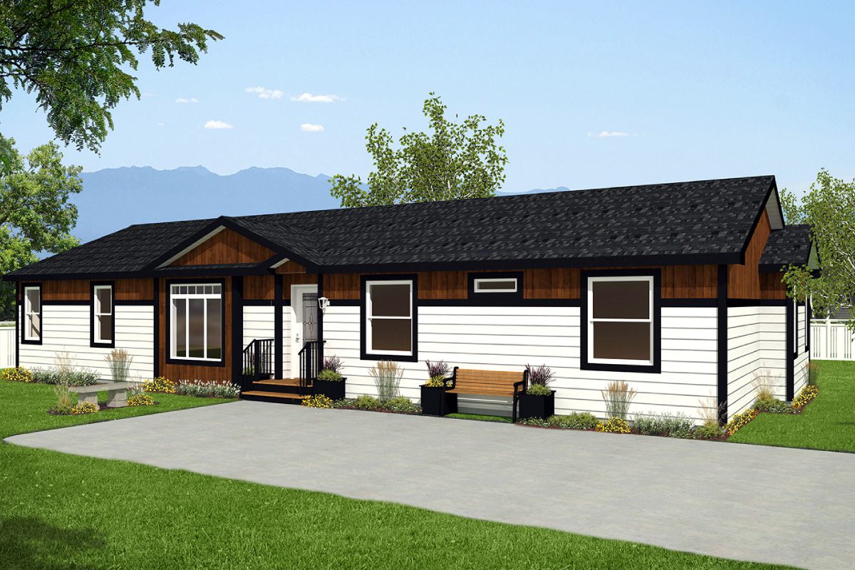 Modern single-story house with landscaped yard.