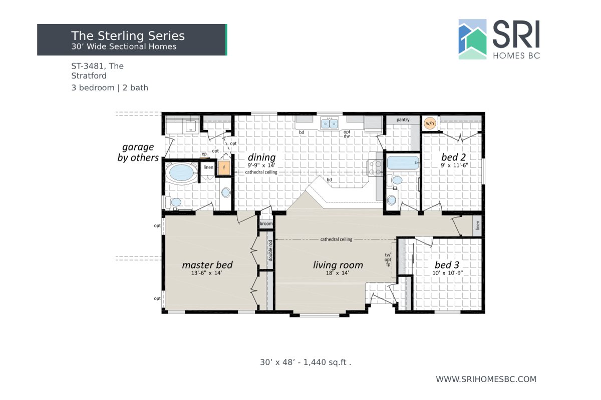 Floor plan of a three-bedroom home.