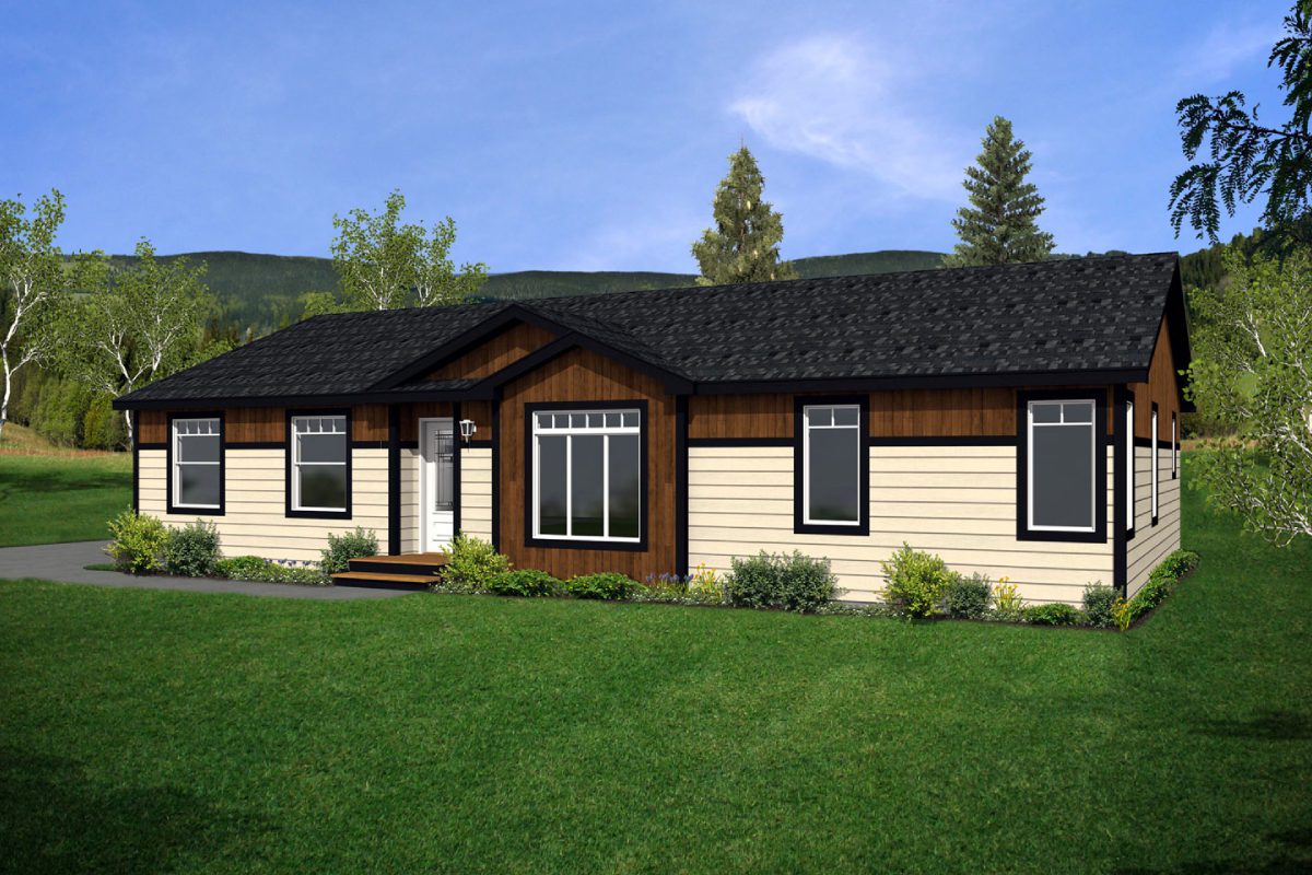 Modern single-story house with lush lawn.