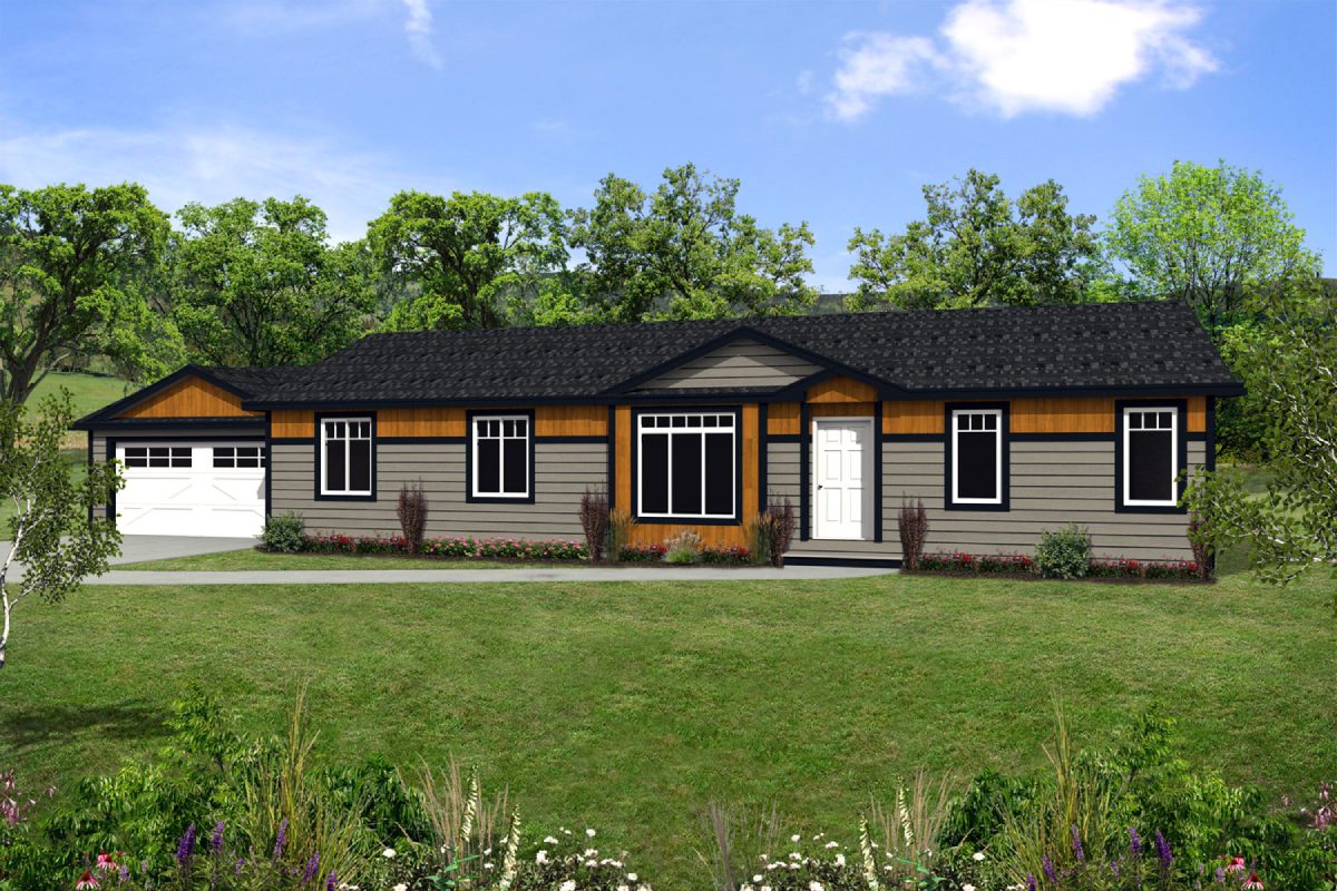 Single-story house with garage and lawn.