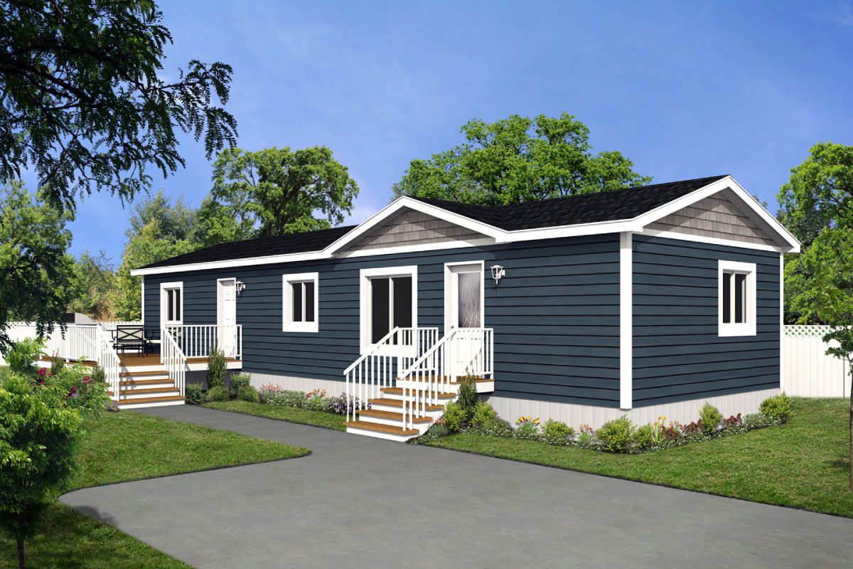 Blue modular home with white trim exterior.
