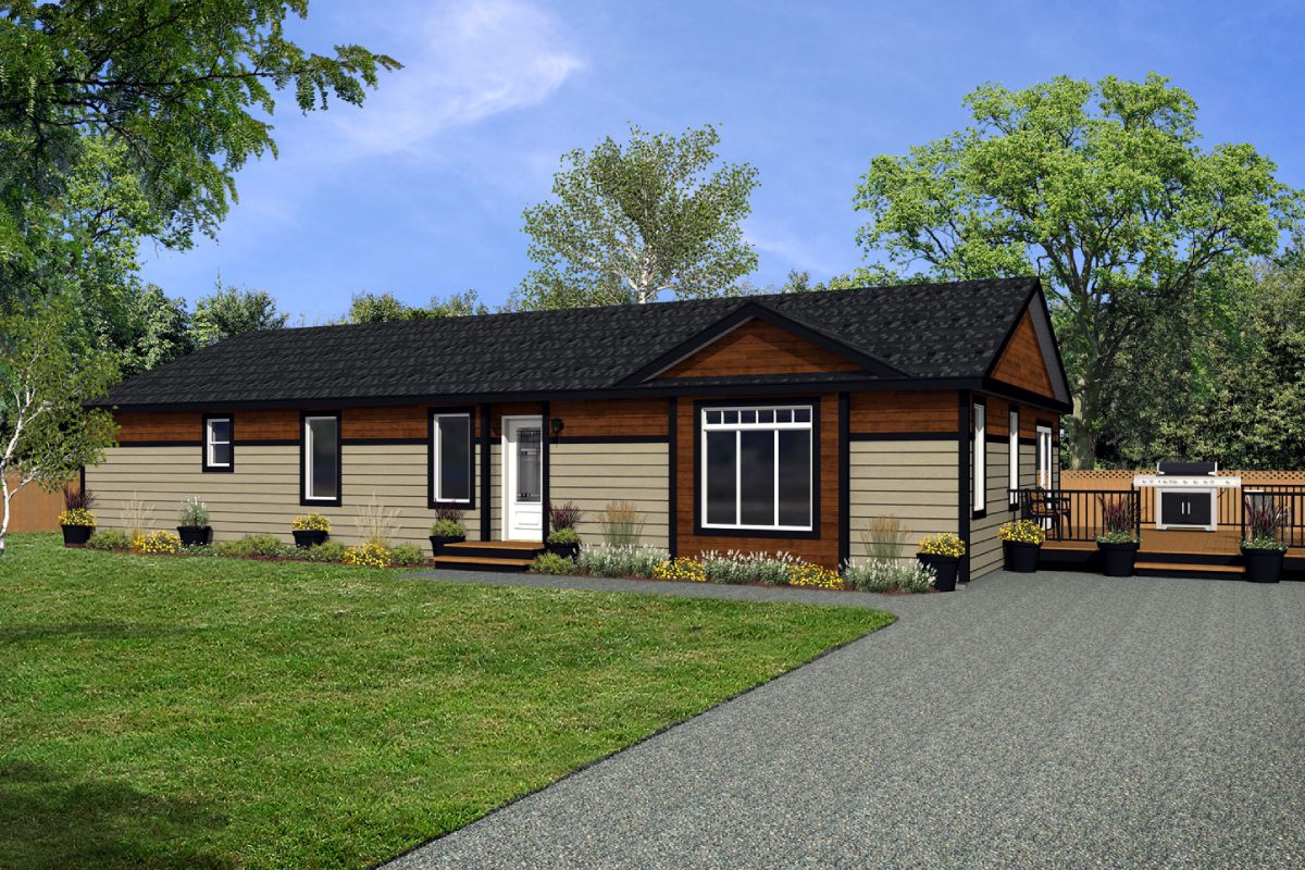 Single-story house with surrounding greenery.