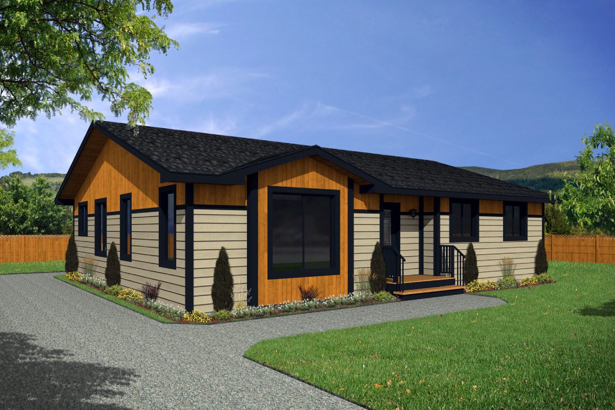 Modern single-story house with landscaped yard.