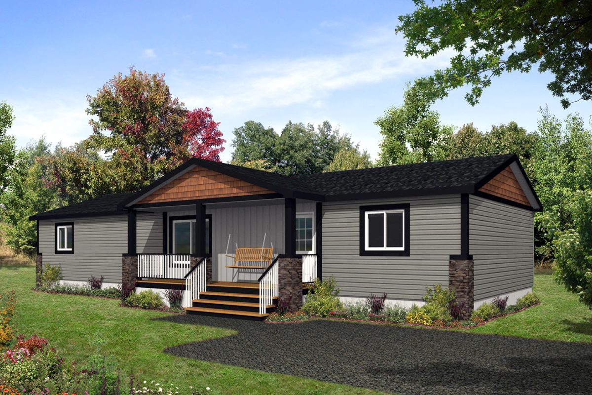 Modern gray modular home with front porch.