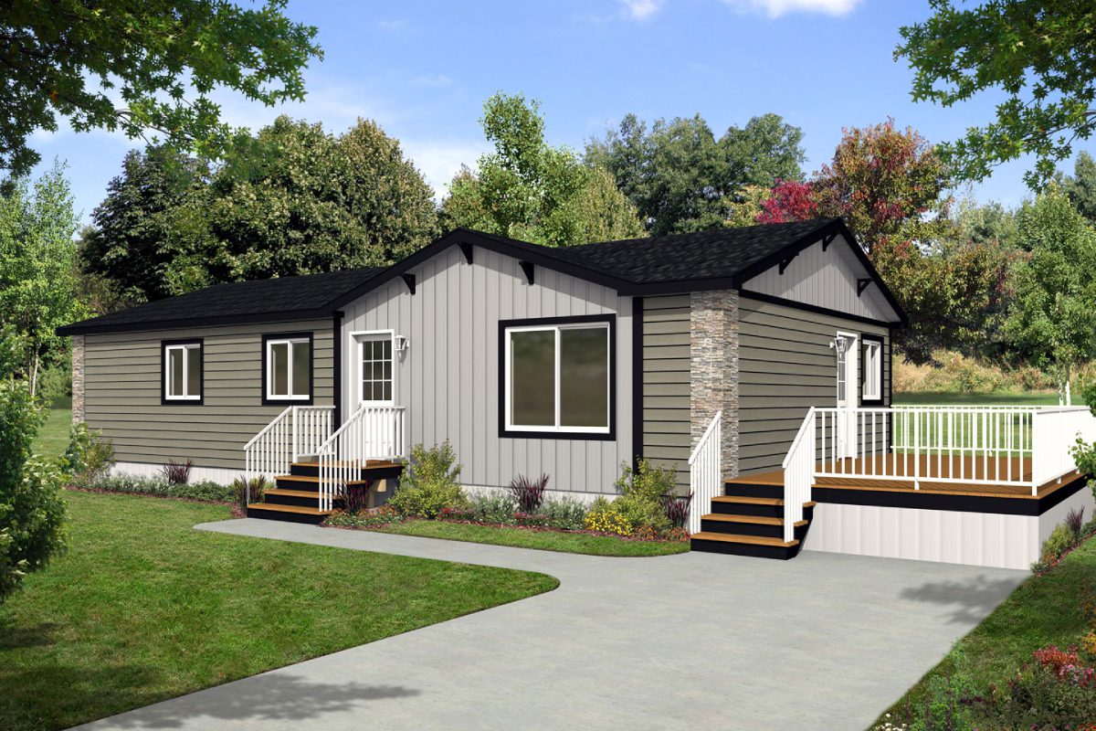 Modern single-story house with surrounding greenery.