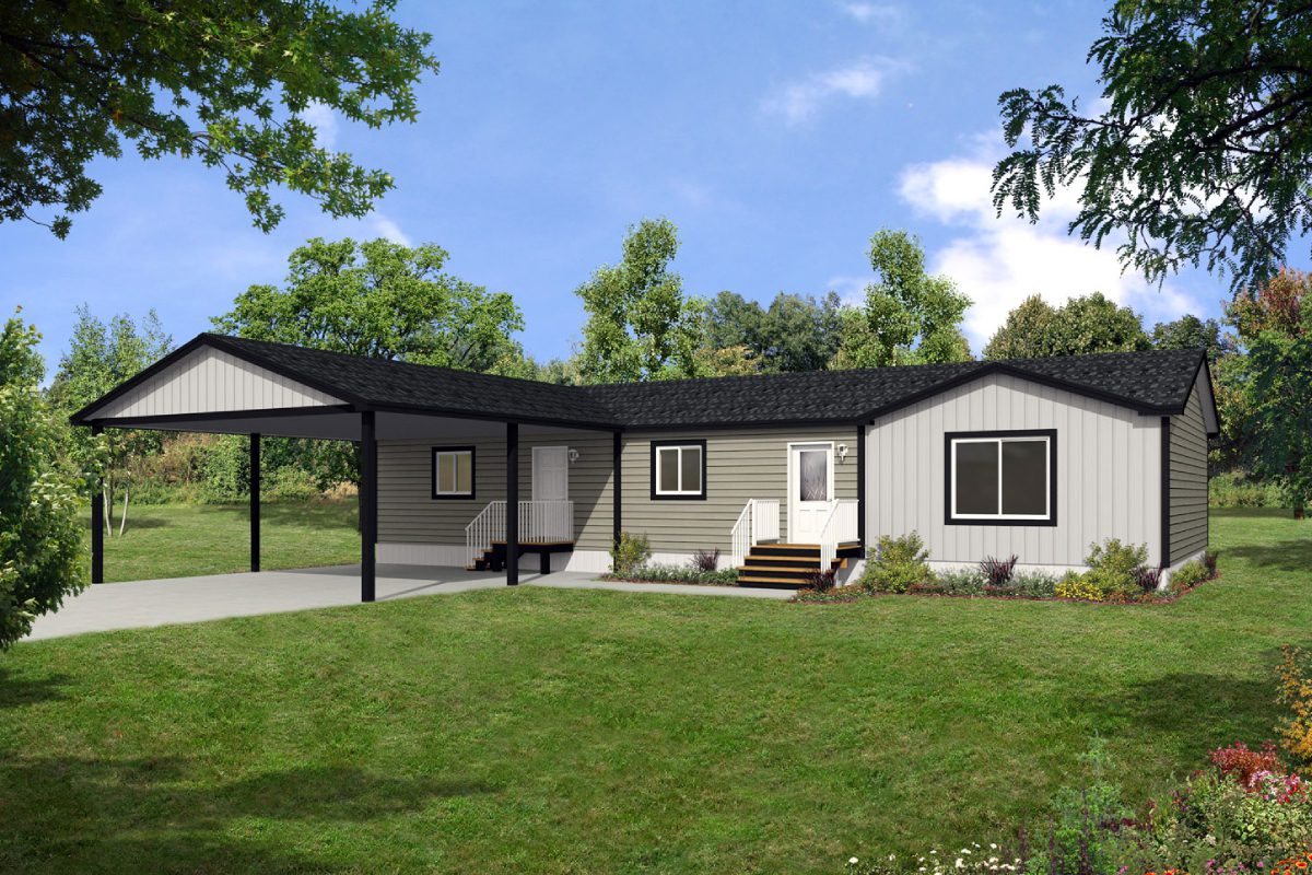 Modern house with carport and lush surroundings.