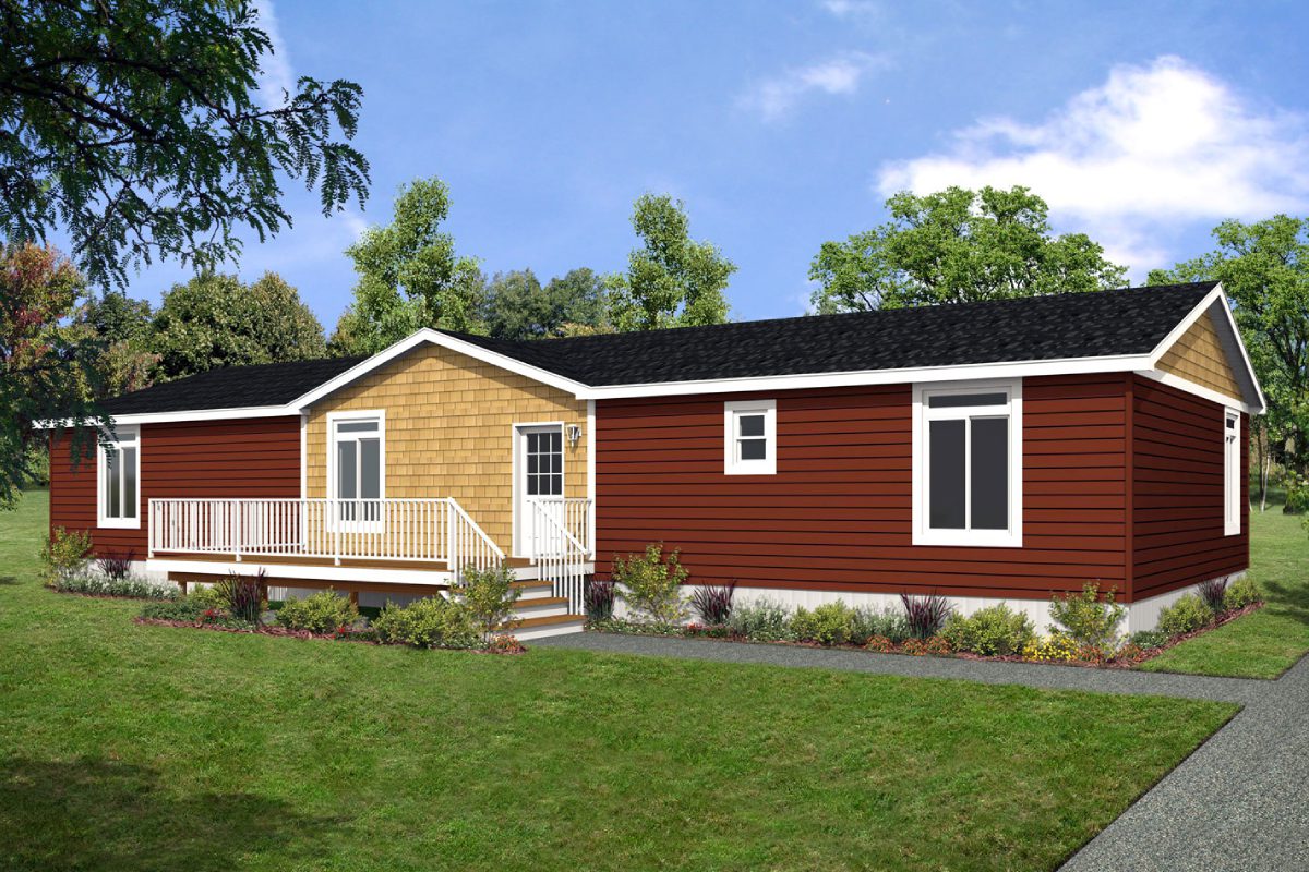 Red and tan house with white porch.
