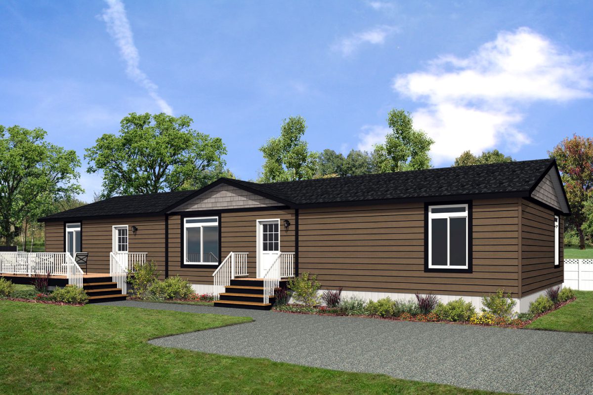 Brown modular home with white trim.