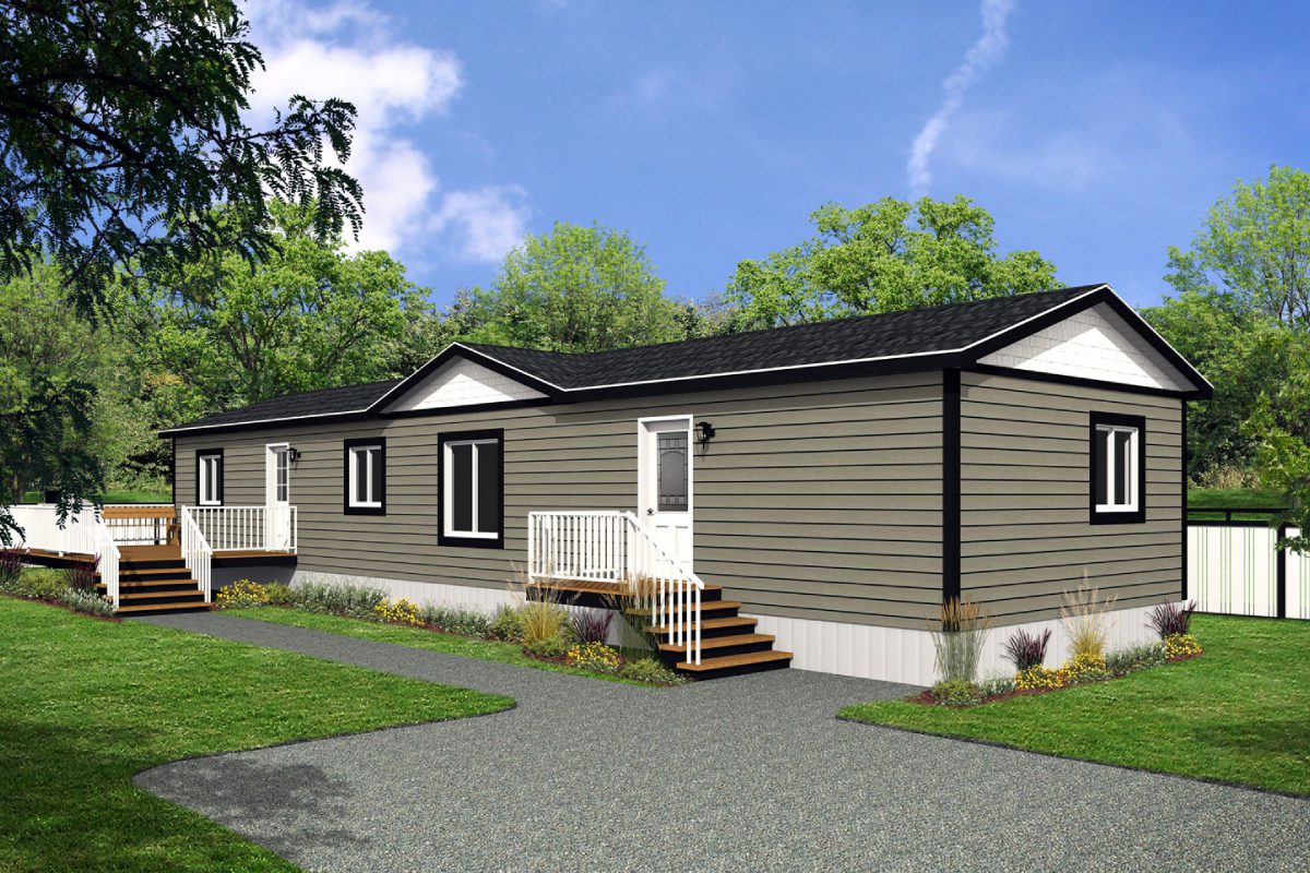 Gray modular home with front porch steps.
