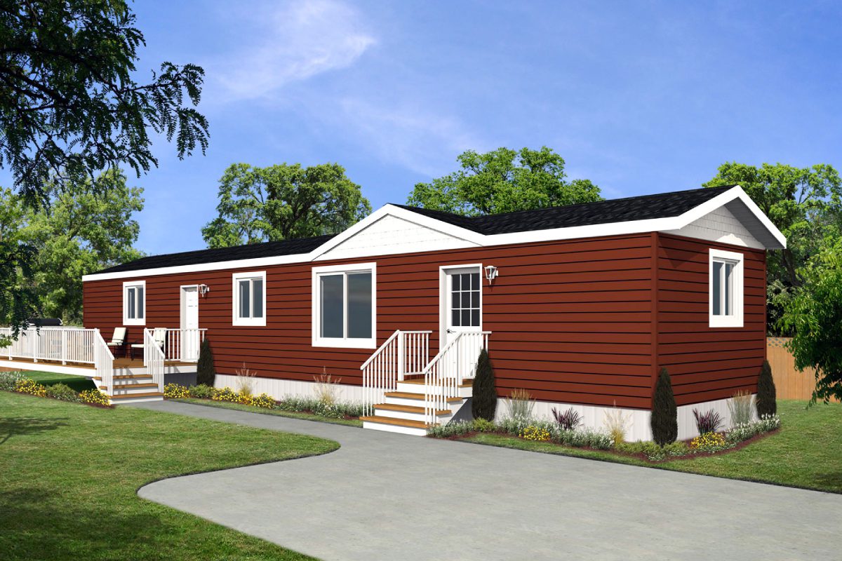 Red mobile home with white trim, outdoors.