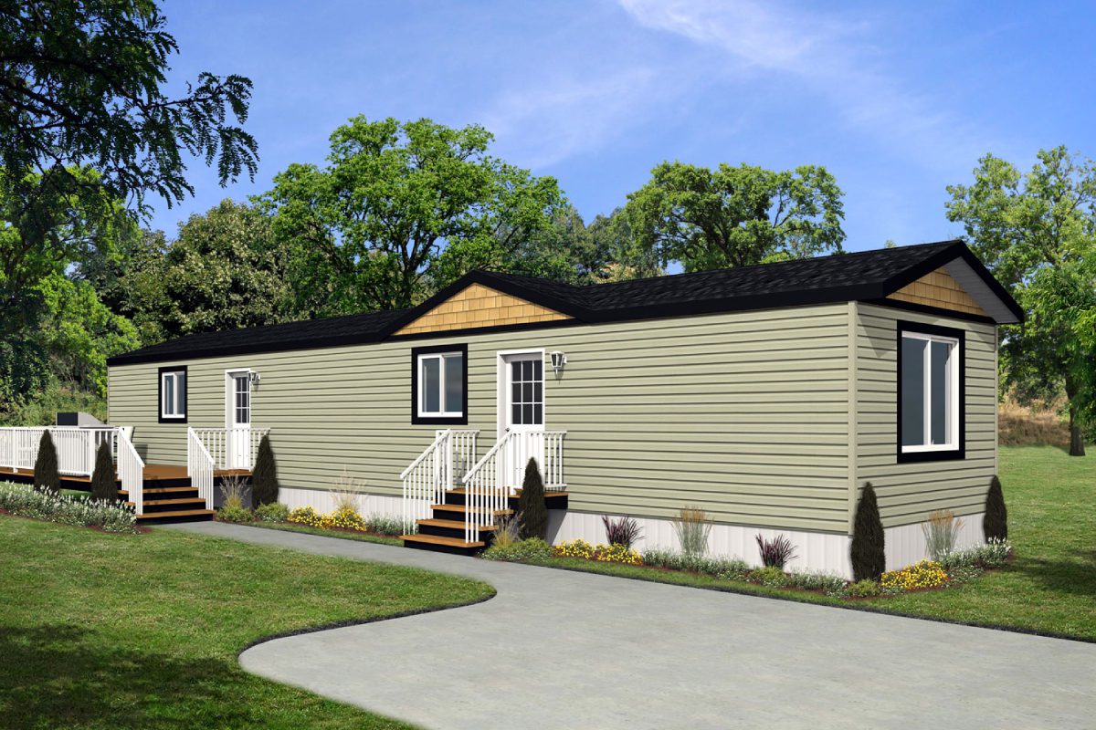Single-story modular home with green exterior.