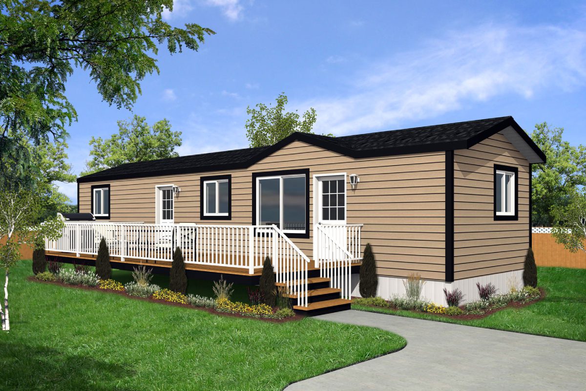 Brown mobile home with white porch railing.