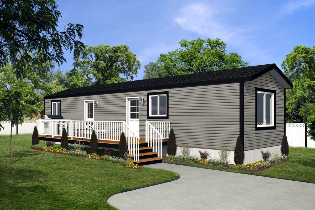 Gray mobile home with porch and landscaping.