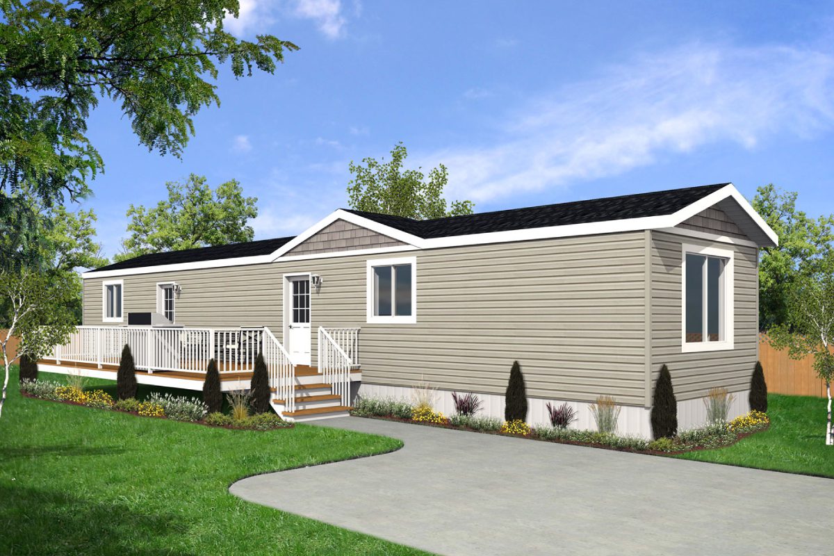 Modern mobile home with a front porch.