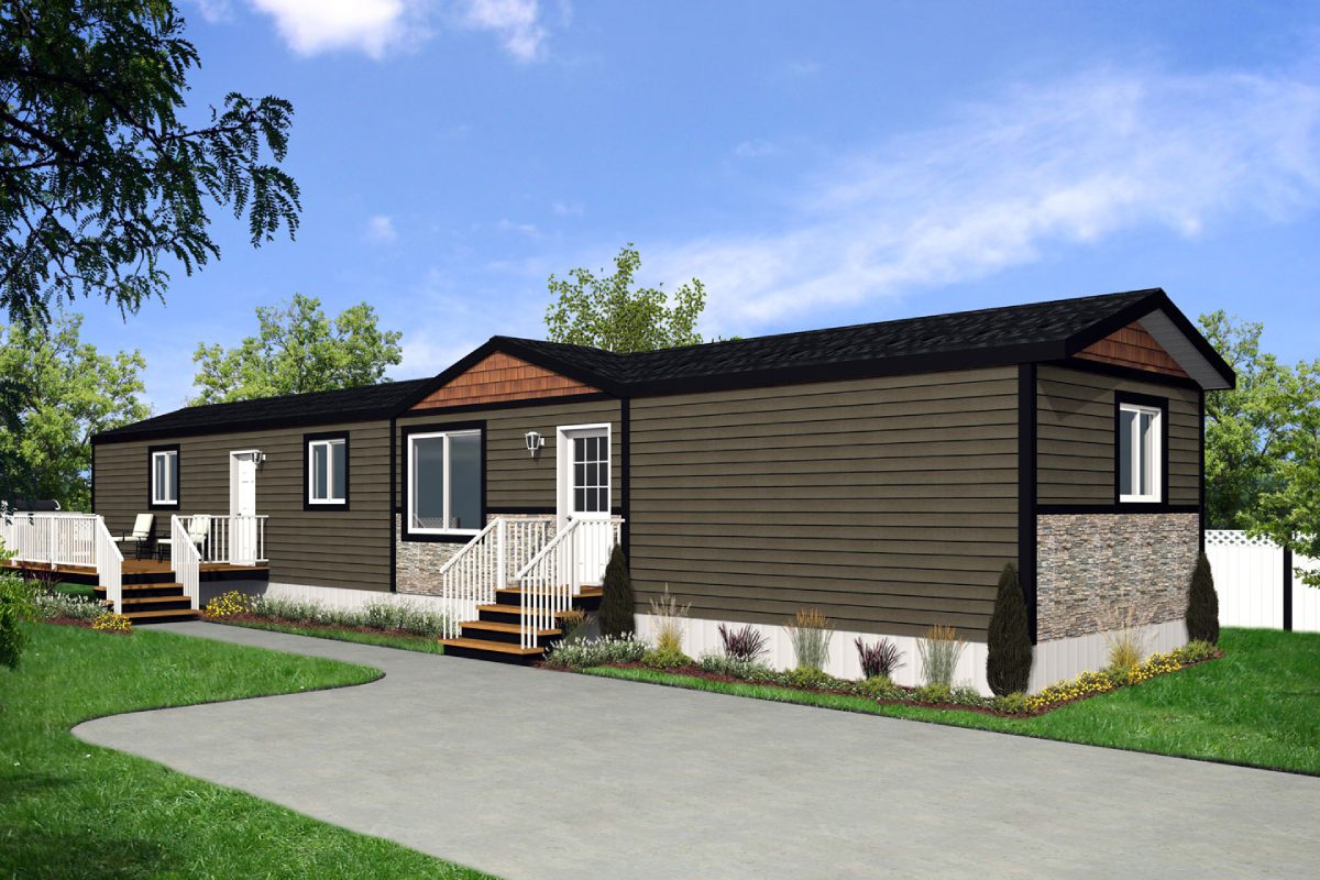 Brown modular home with white railings outside.