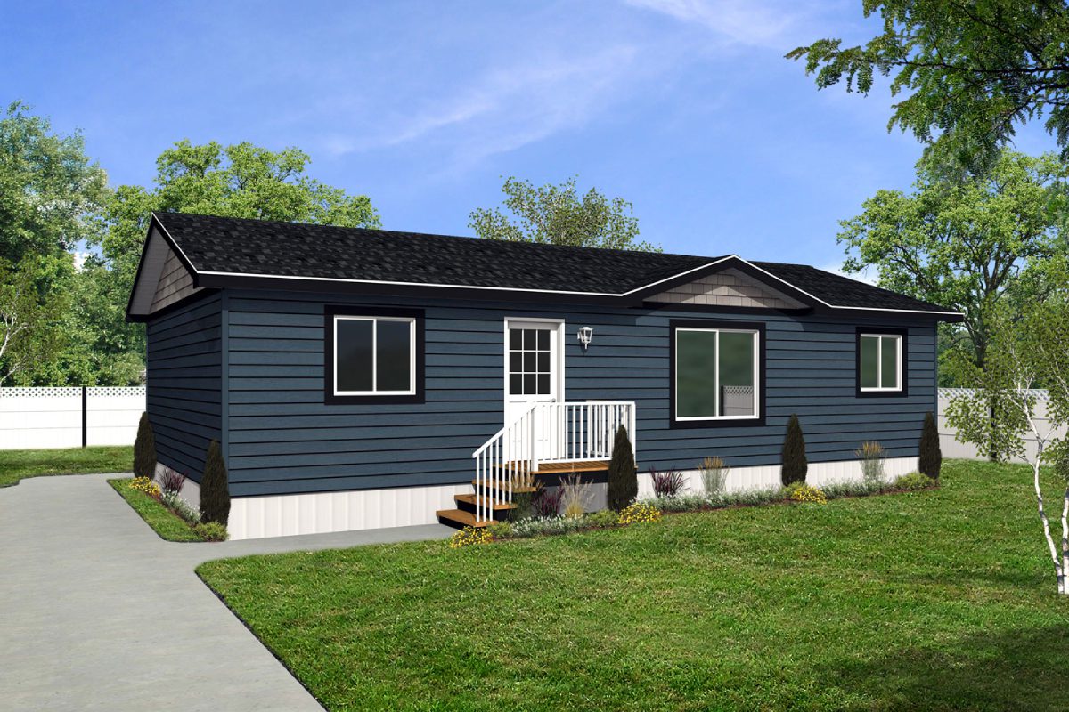 Blue modular home with a grassy yard.