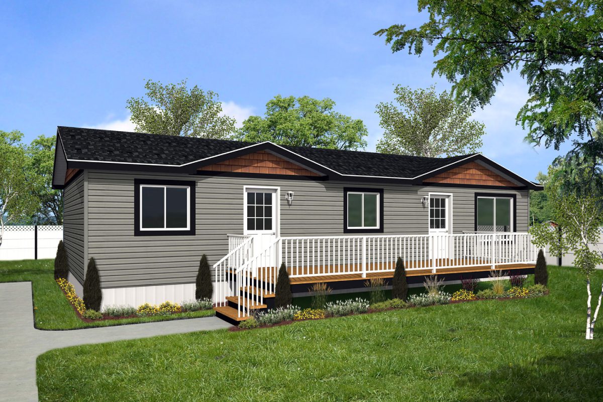 Gray modular home with white railing, trees.