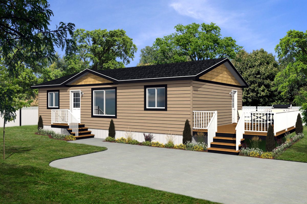 Single-story house with surrounding greenery.