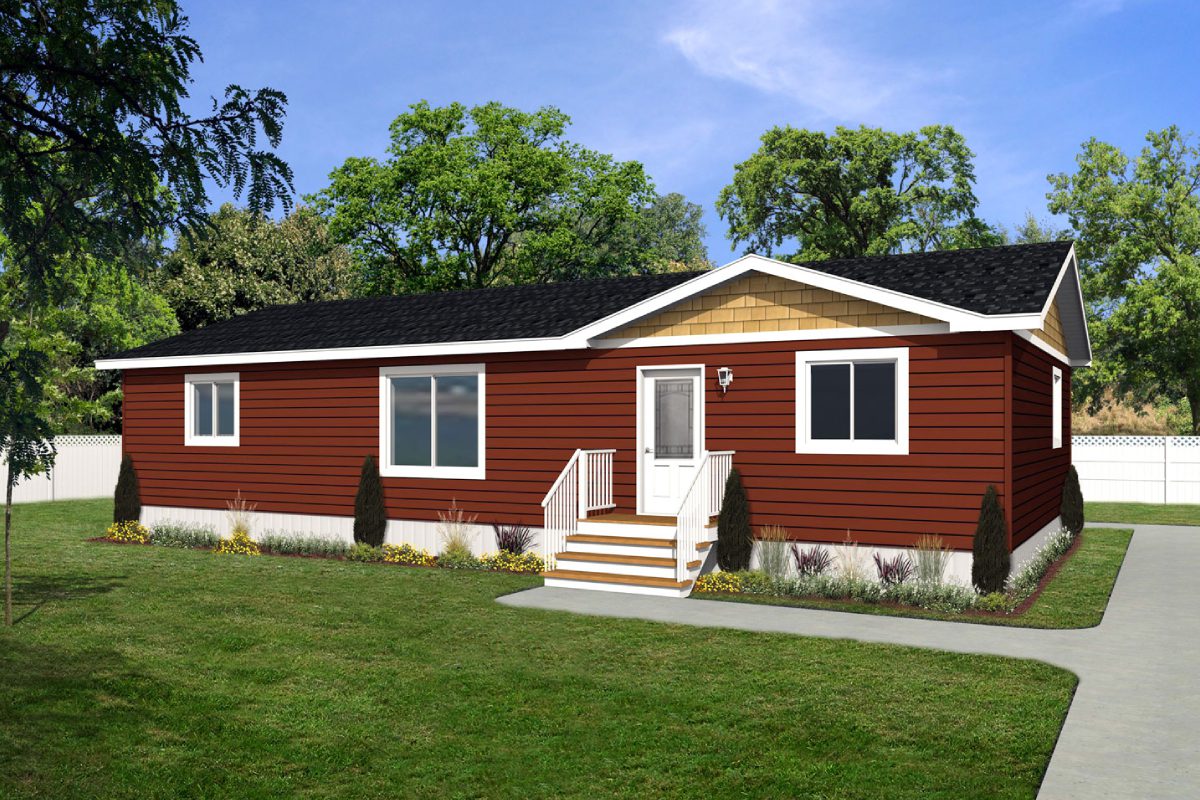Red house with white trim and porch.