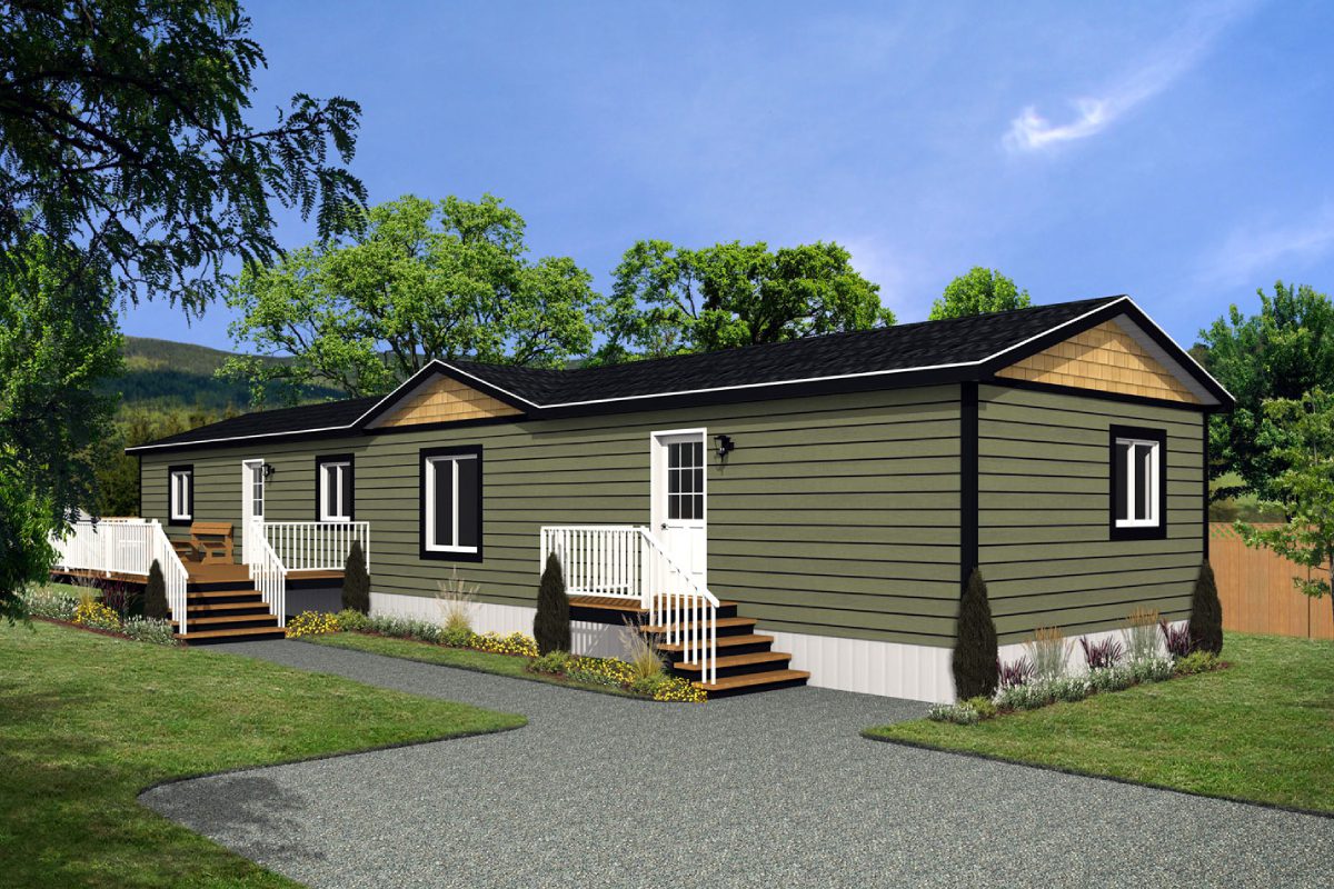 Green manufactured home with white railings.