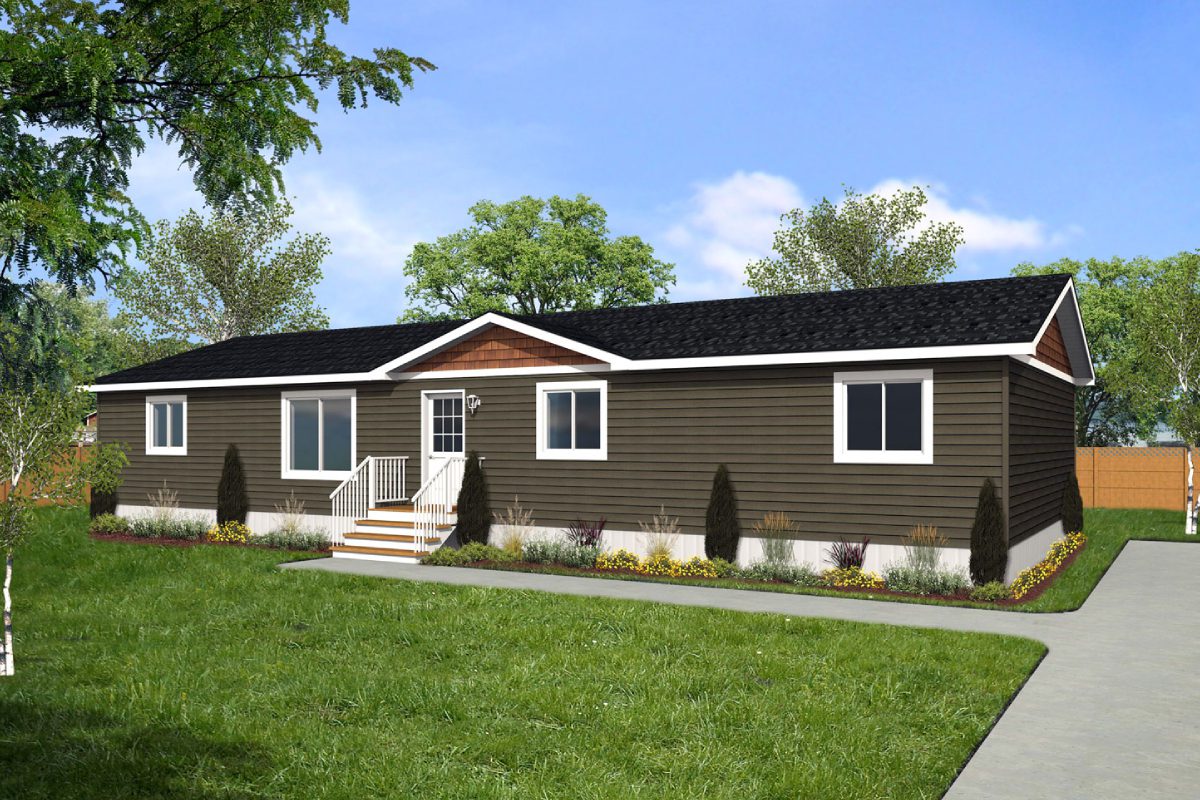 Modern brown house with landscaped front yard.