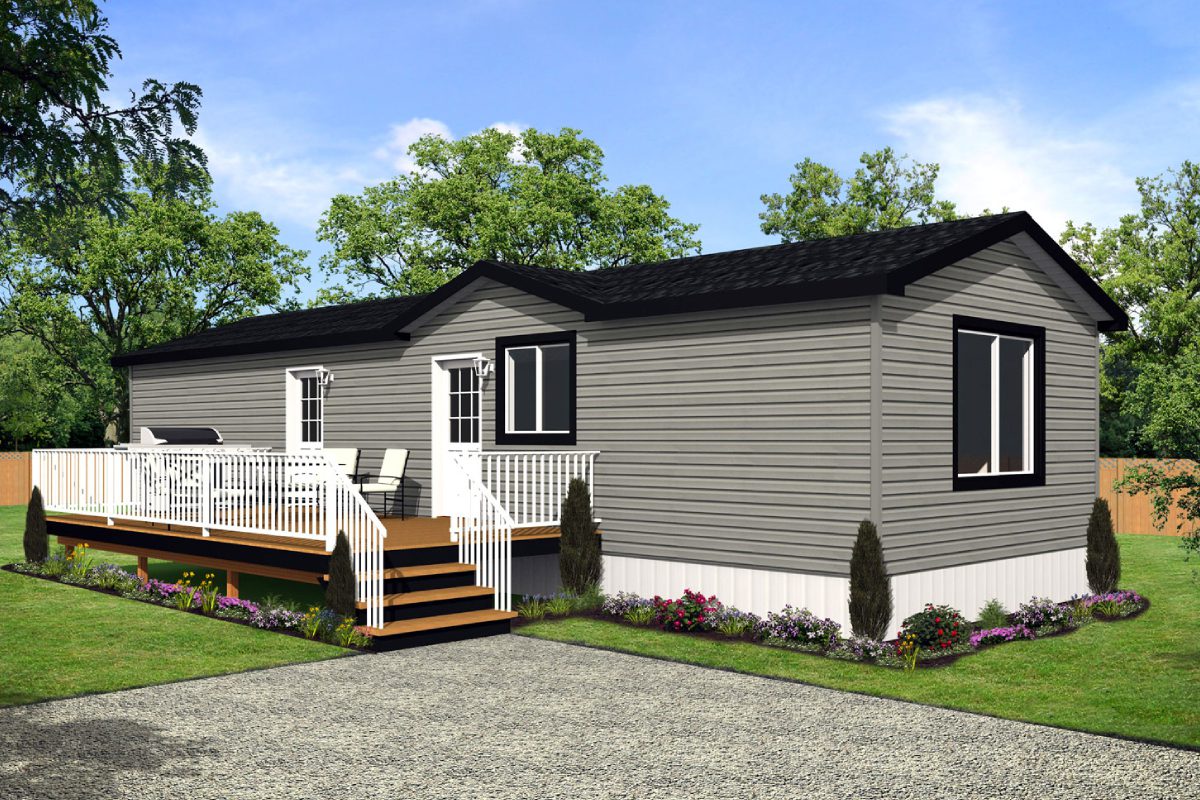 Gray house with porch and surrounding greenery.