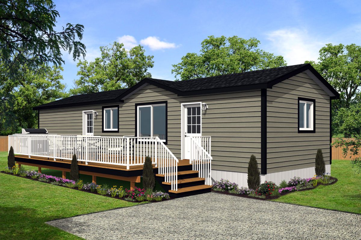 Gray mobile home with white railing, trees.