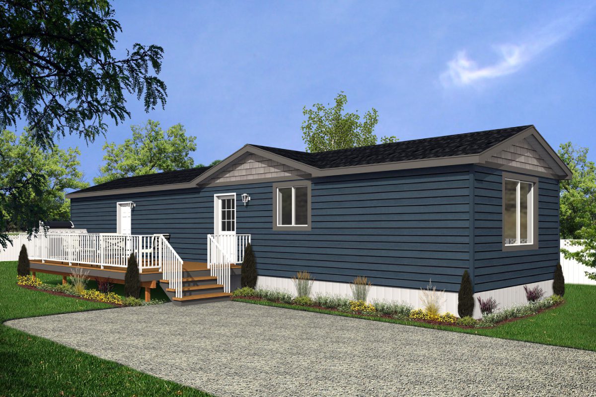 Blue mobile home with front porch.