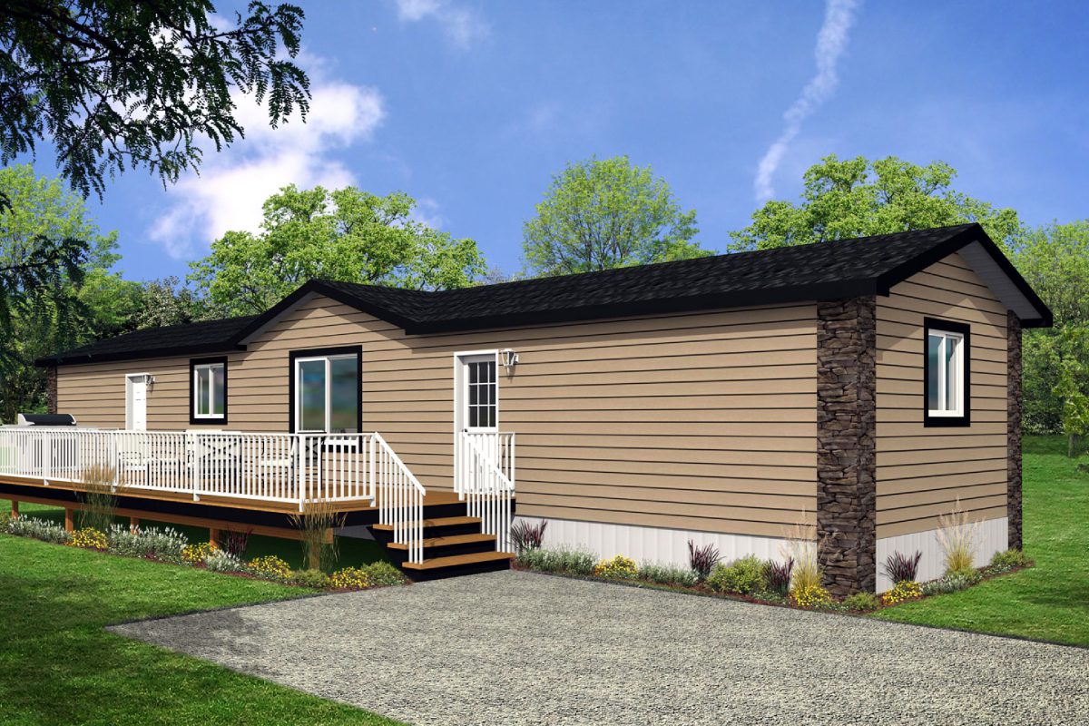 Beige modular home with front porch.