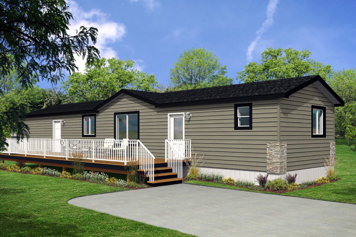 Gray mobile home with white porch railing.