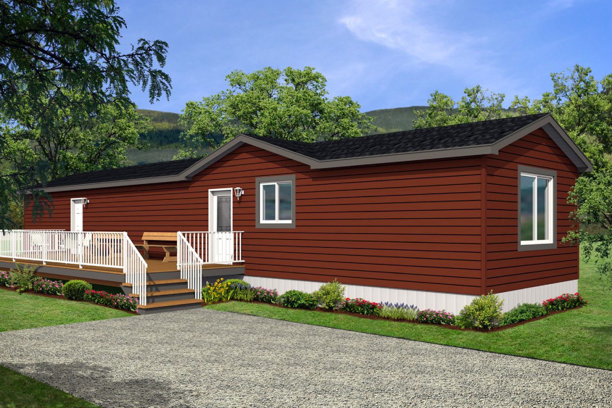 Red mobile home with white porch steps.