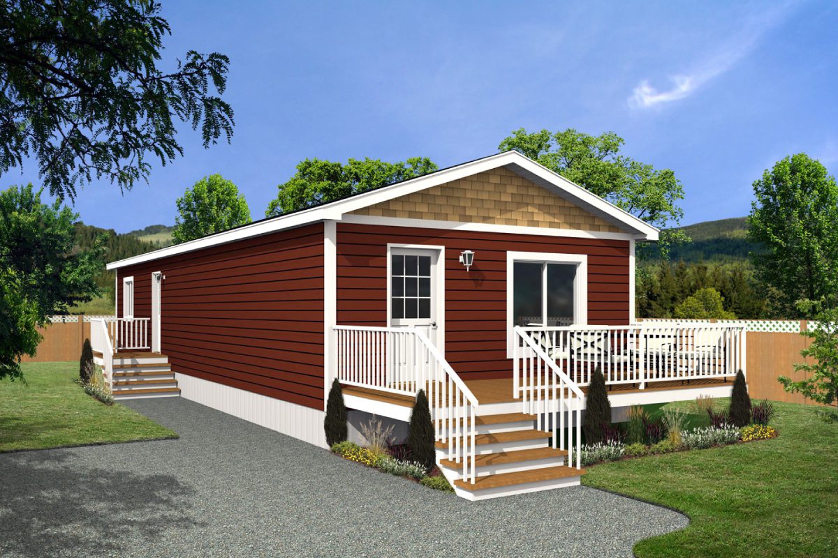 Red modular home with front porch.