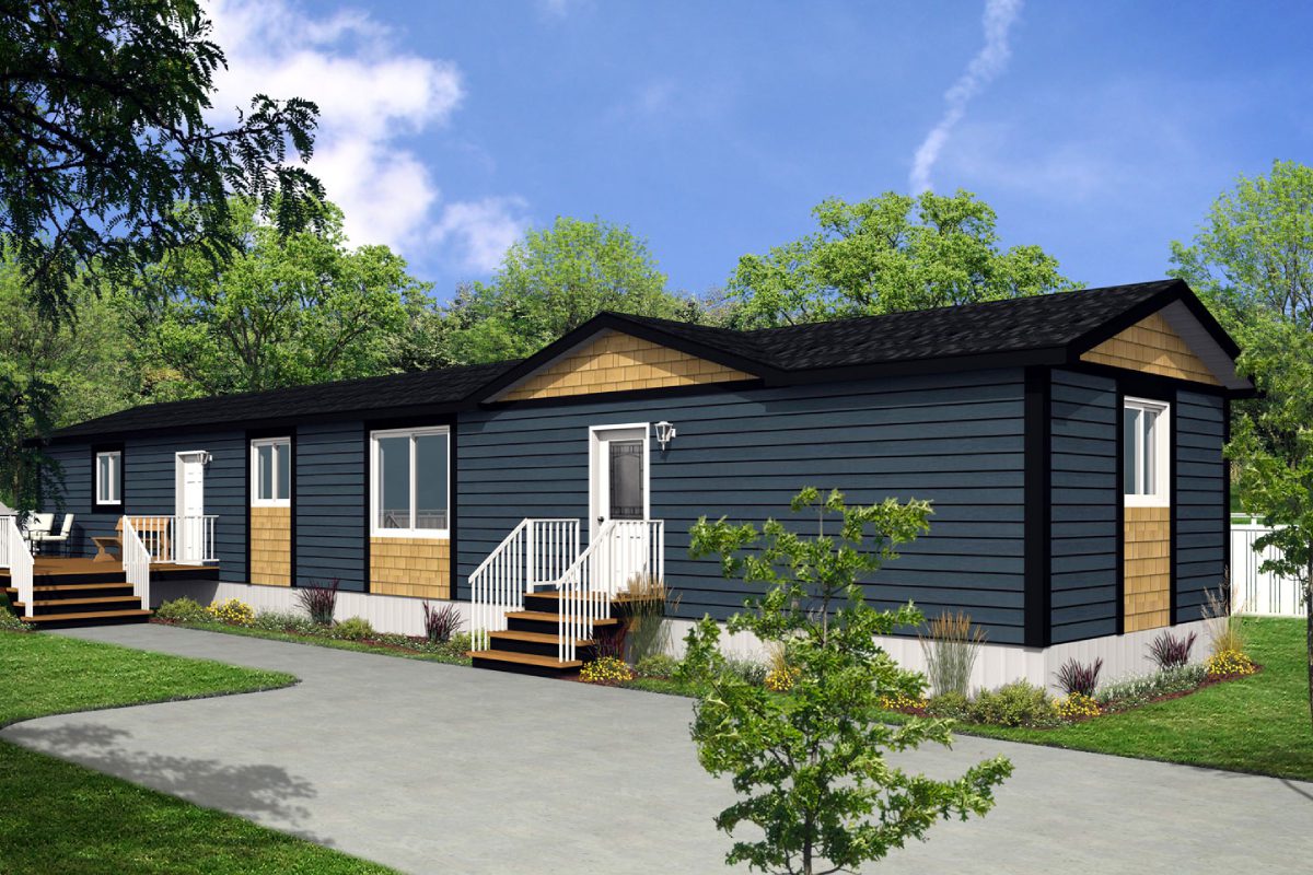 Modern modular home with landscaped surroundings.