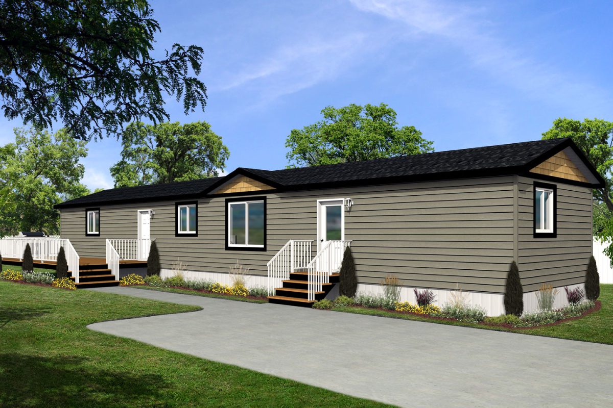 Gray manufactured home with front steps.