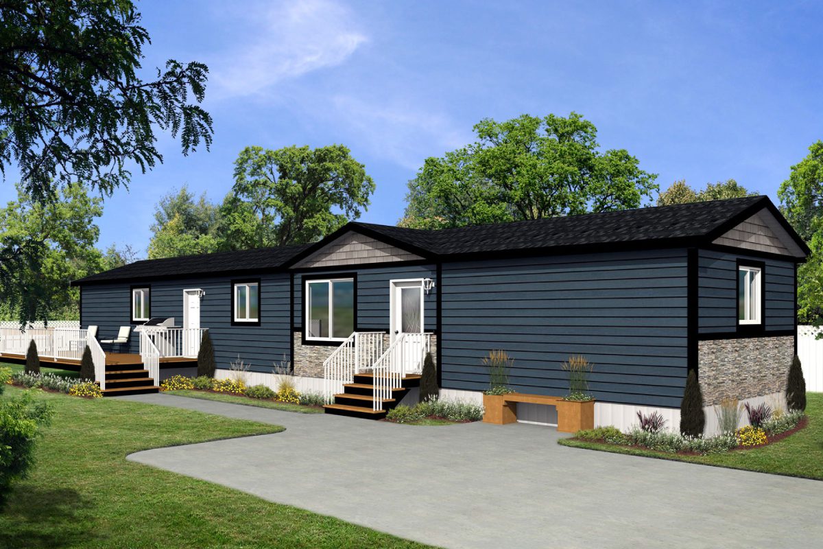 Modern manufactured home with blue siding.