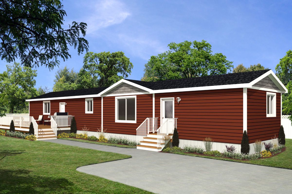 Red modular home with white trim exterior.