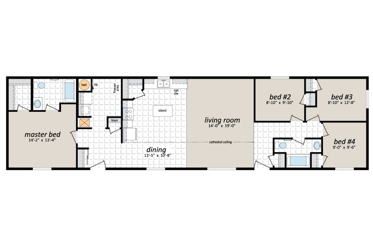 House floor plan with four bedrooms layout.