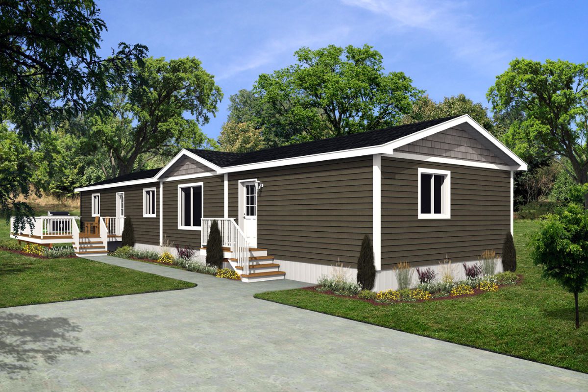 Brown house with trees and driveway.