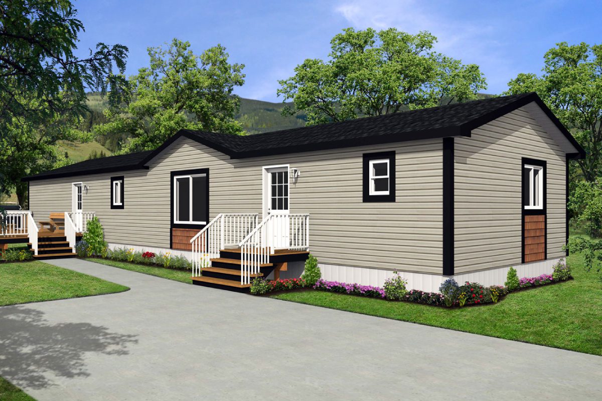 Modern mobile home with porch and garden.