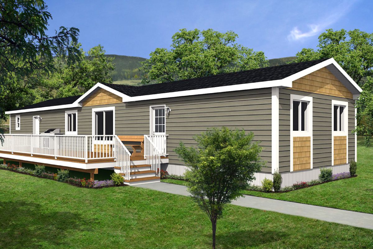 Gray mobile home with white deck, trees surrounding.