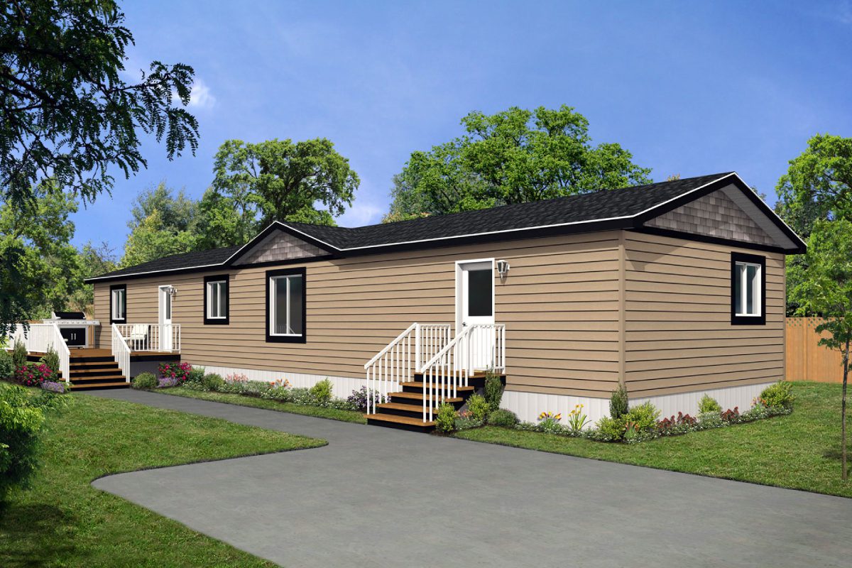 Single-story modular home with green surroundings.