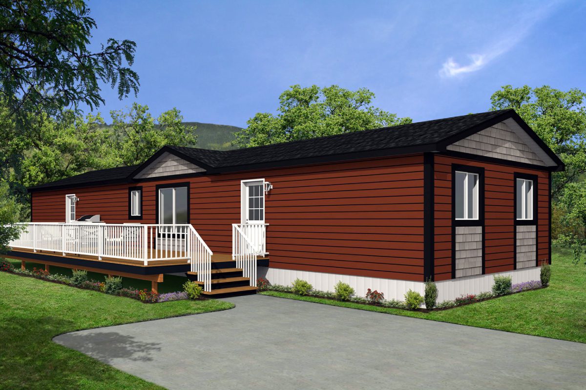 Red mobile home with white railing porch.