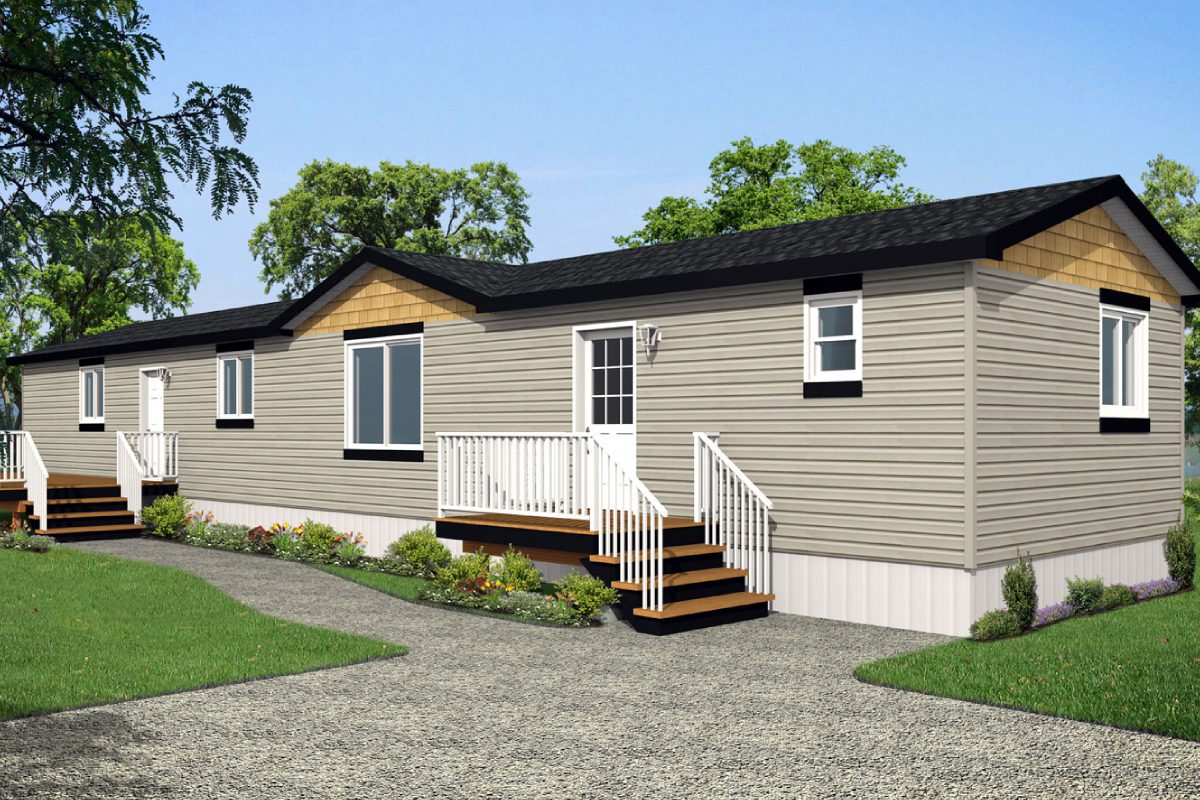Modular home with front porch and steps.