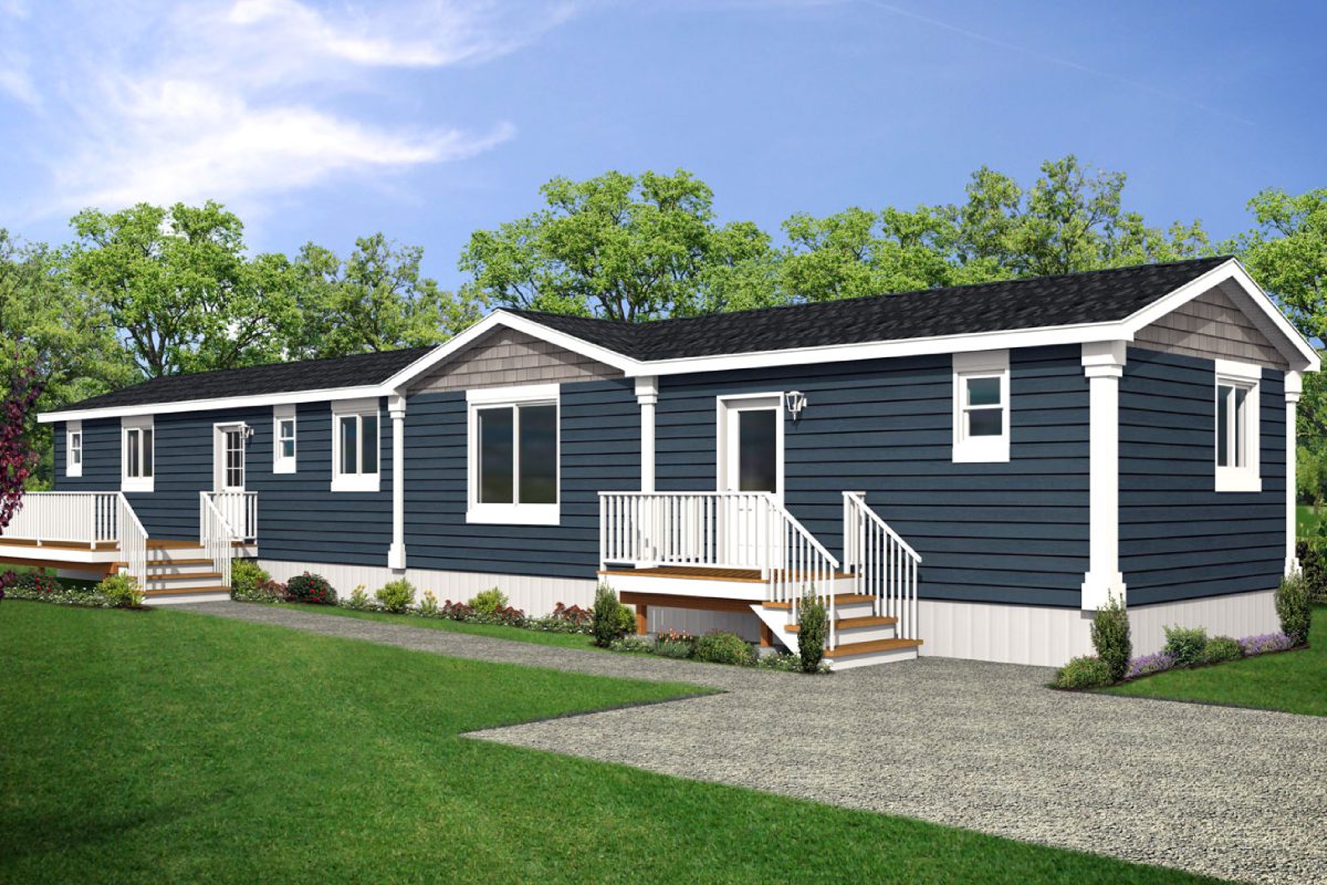 Blue modular home with white trim.